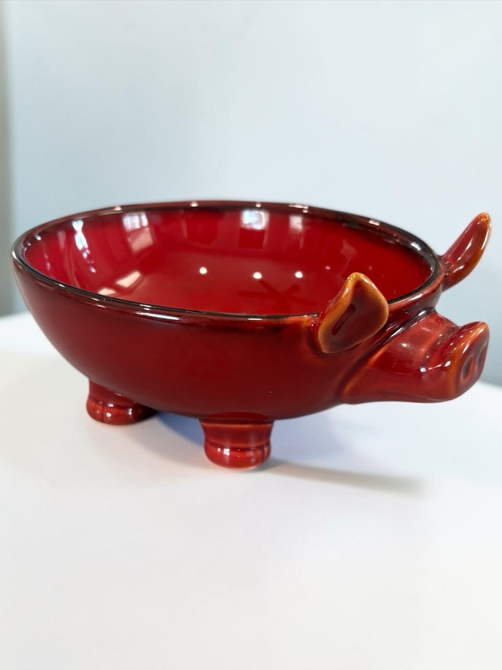 NapaStyle Tuscan Red Ceramic Pig Dish Bowl Pottery Salsa Dip Footed Serving Dish